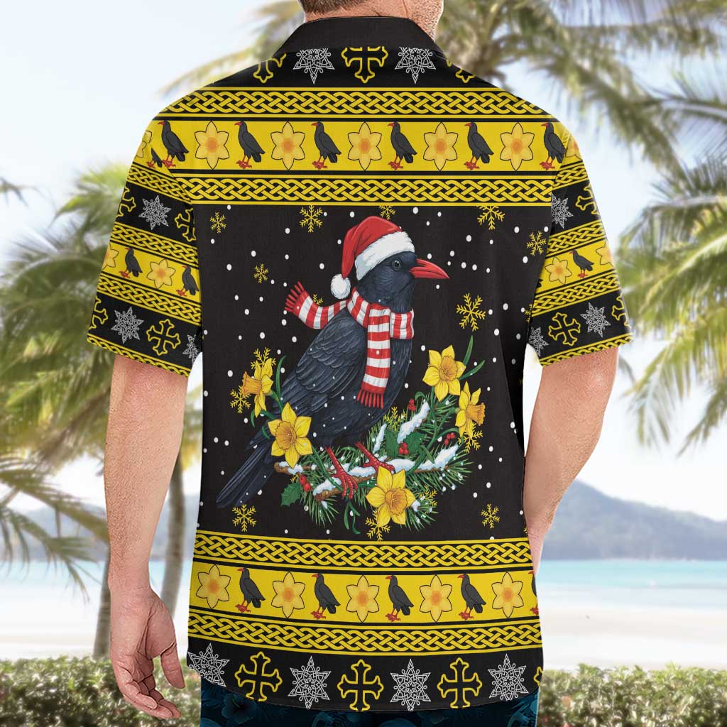 Flintshire Wales Christmas Hawaiian Shirt Welsh Red-billed Chough with Daffodil - Wonder Print Shop