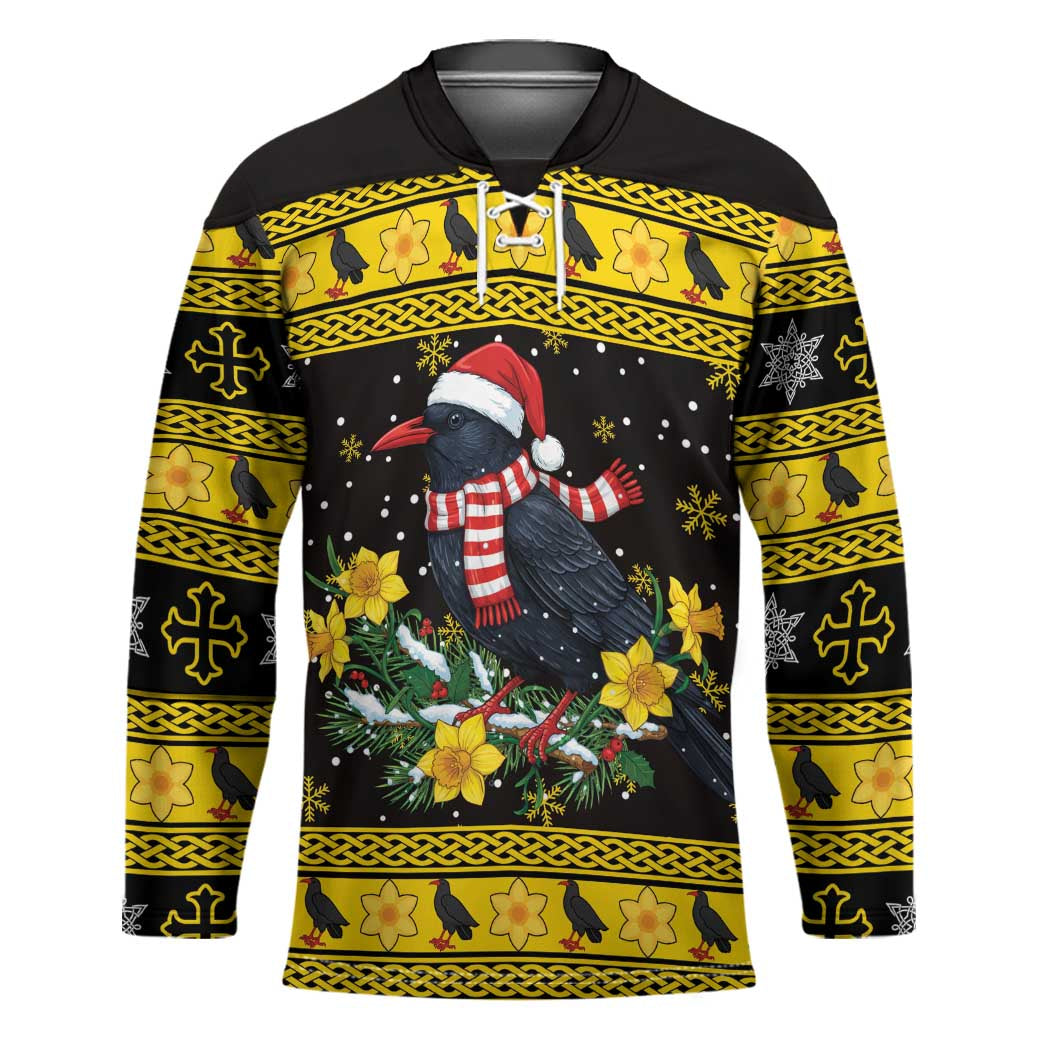 Flintshire Wales Christmas Hockey Jersey Welsh Red-billed Chough with Daffodil - Wonder Print Shop