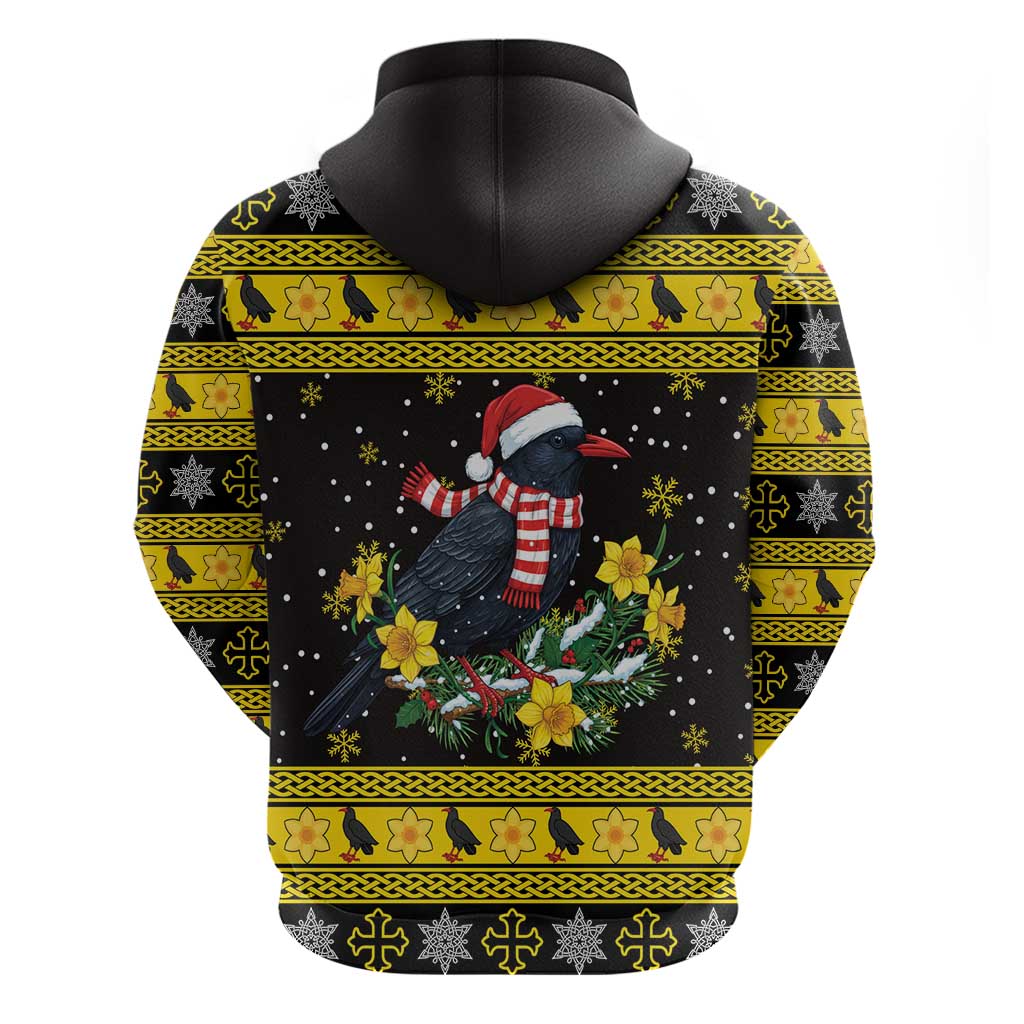 Flintshire Wales Christmas Hoodie Welsh Red-billed Chough with Daffodil - Wonder Print Shop