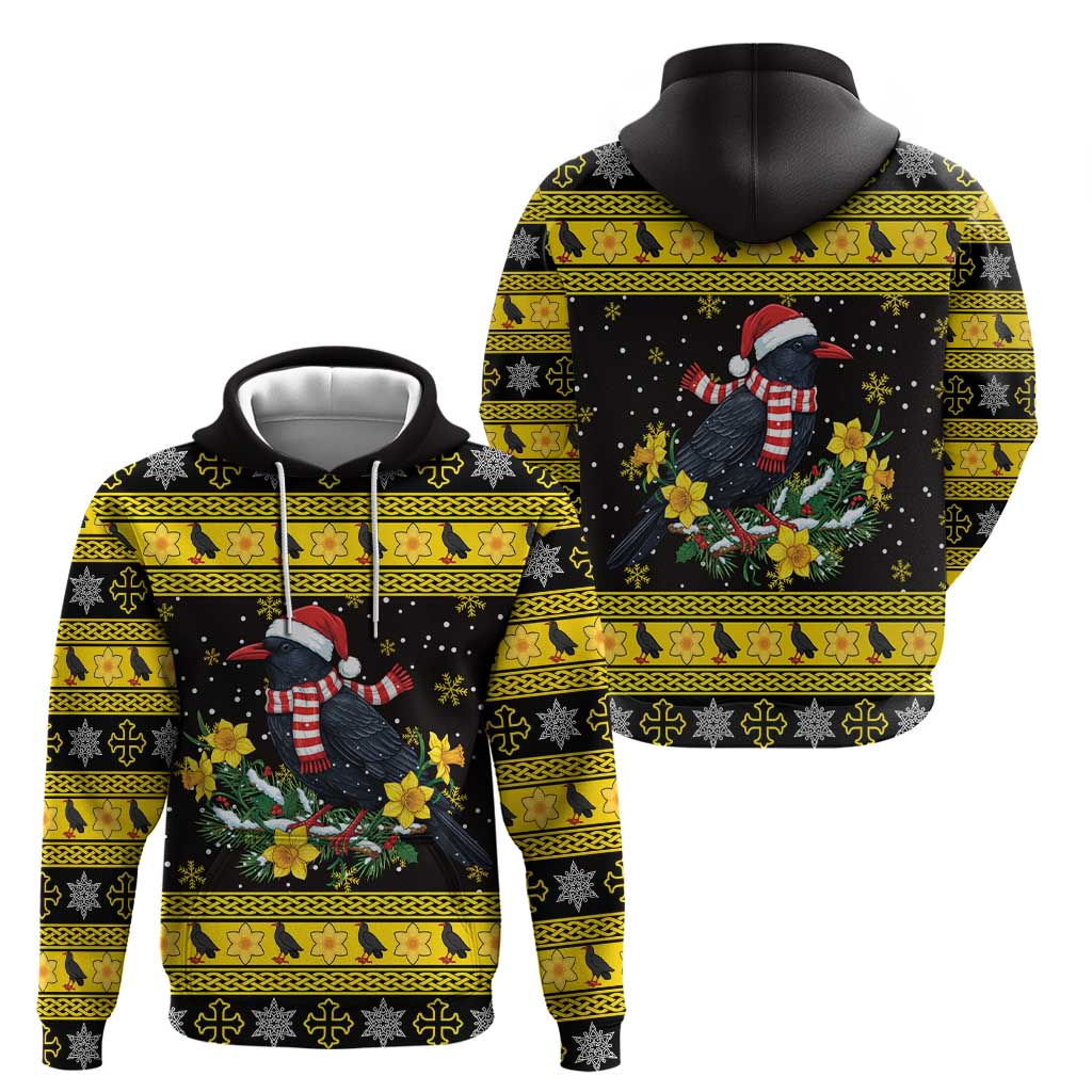 Flintshire Wales Christmas Hoodie Welsh Red-billed Chough with Daffodil - Wonder Print Shop