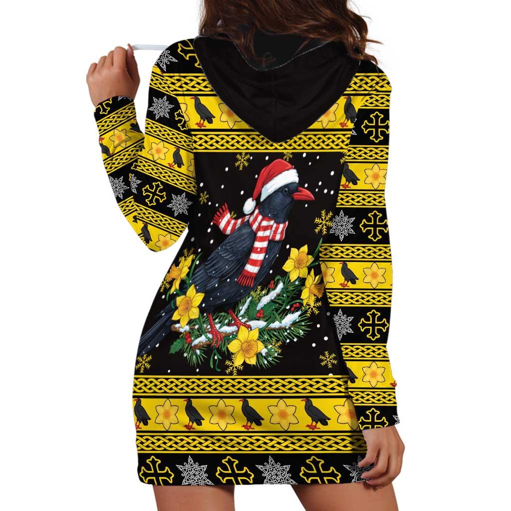 Flintshire Wales Christmas Hoodie Dress Welsh Red-billed Chough with Daffodil - Wonder Print Shop