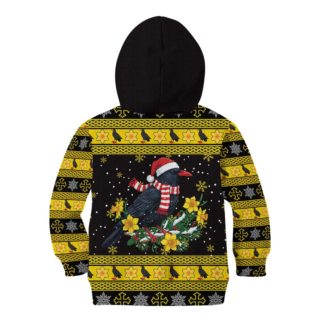 Flintshire Wales Christmas Kid Hoodie Welsh Red-billed Chough with Daffodil - Wonder Print Shop