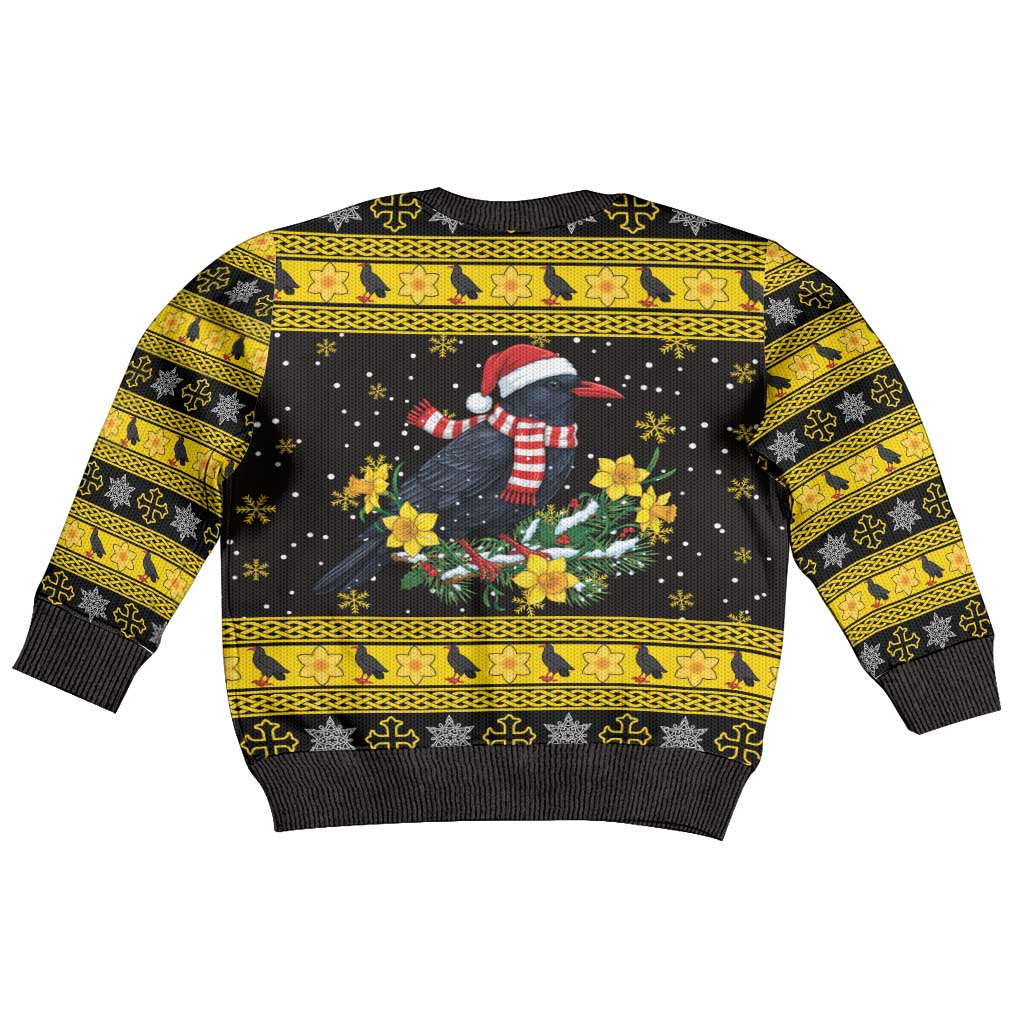 Flintshire Wales Christmas Kid Ugly Christmas Sweater Welsh Red-billed Chough with Daffodil - Wonder Print Shop