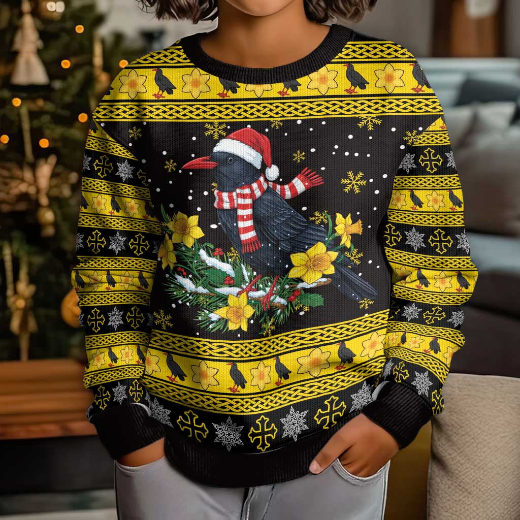 Flintshire Wales Christmas Kid Ugly Christmas Sweater Welsh Red-billed Chough with Daffodil - Wonder Print Shop