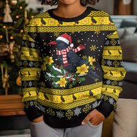 Flintshire Wales Christmas Kid Ugly Christmas Sweater Welsh Red-billed Chough with Daffodil - Wonder Print Shop