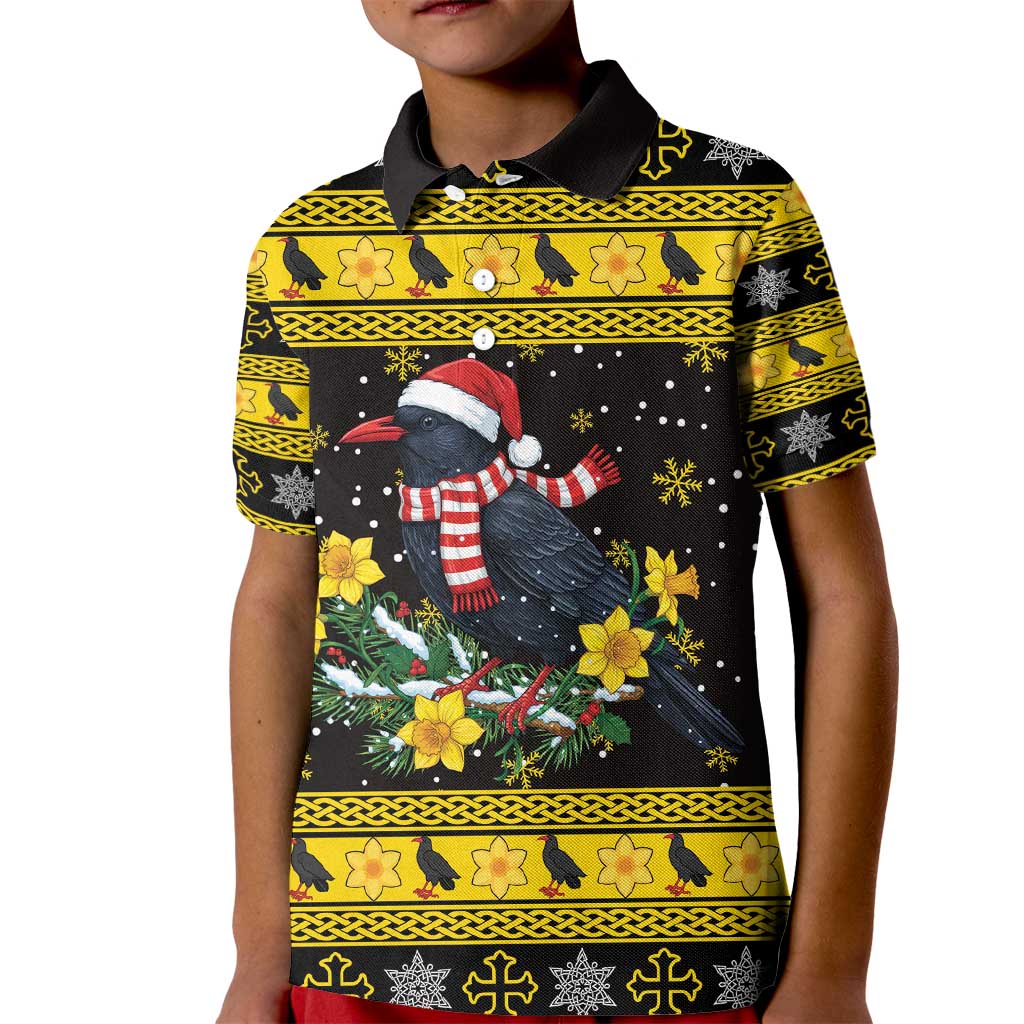 Flintshire Wales Christmas Kid Polo Shirt Welsh Red-billed Chough with Daffodil - Wonder Print Shop