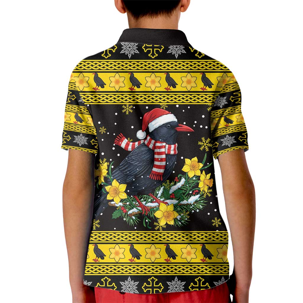 Flintshire Wales Christmas Kid Polo Shirt Welsh Red-billed Chough with Daffodil - Wonder Print Shop