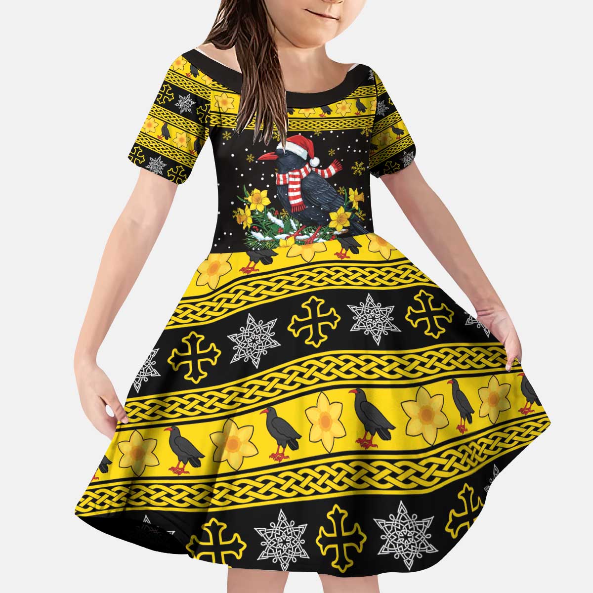 Flintshire Wales Christmas Kid Short Sleeve Dress Welsh Red-billed Chough with Daffodil - Wonder Print Shop