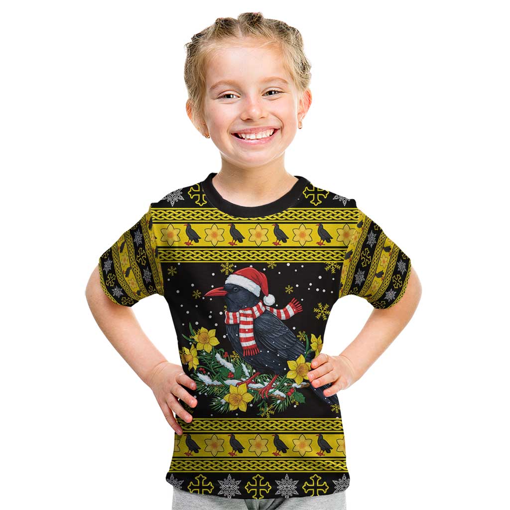 Flintshire Wales Christmas Kid T Shirt Welsh Red-billed Chough with Daffodil - Wonder Print Shop