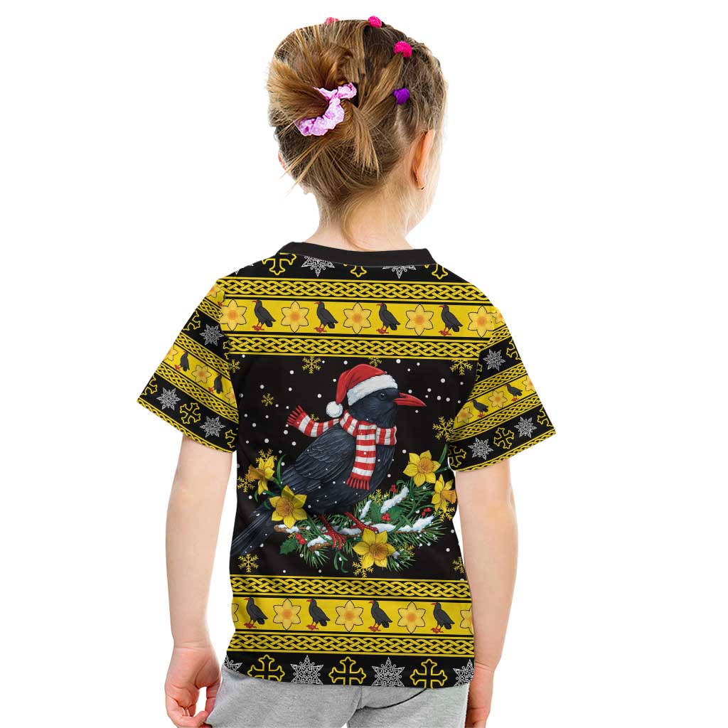 Flintshire Wales Christmas Kid T Shirt Welsh Red-billed Chough with Daffodil - Wonder Print Shop