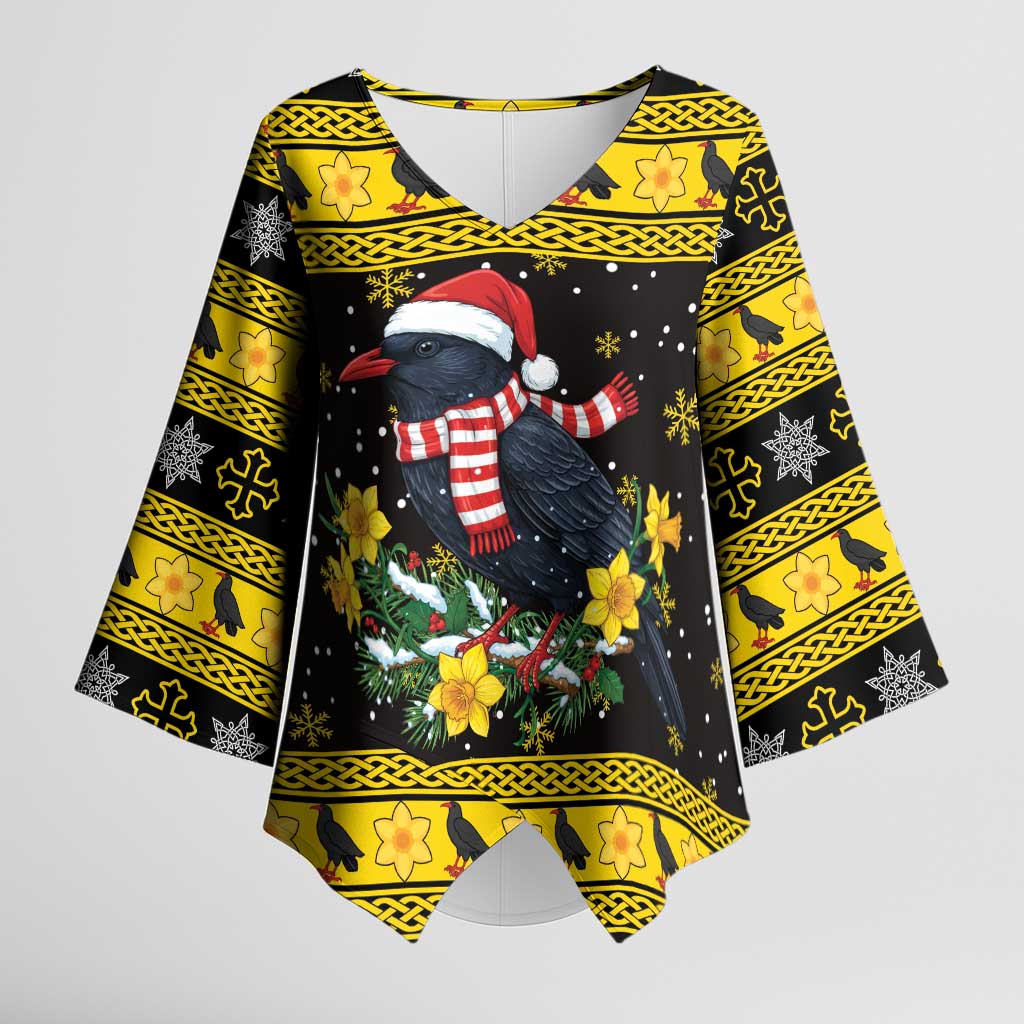 Flintshire Wales Christmas Kimono Sleeve Blouse Welsh Red-billed Chough with Daffodil - Wonder Print Shop
