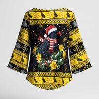 Flintshire Wales Christmas Kimono Sleeve Blouse Welsh Red-billed Chough with Daffodil - Wonder Print Shop