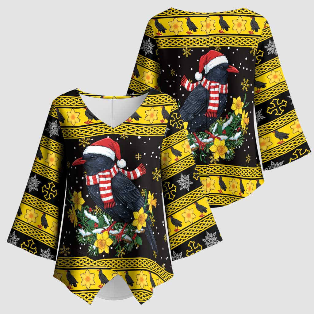 Flintshire Wales Christmas Kimono Sleeve Blouse Welsh Red-billed Chough with Daffodil - Wonder Print Shop