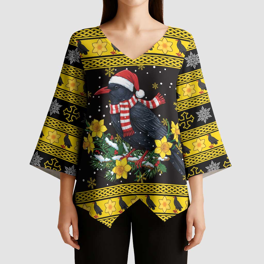 Flintshire Wales Christmas Kimono Sleeve Blouse Welsh Red-billed Chough with Daffodil - Wonder Print Shop
