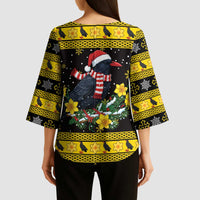 Flintshire Wales Christmas Kimono Sleeve Blouse Welsh Red-billed Chough with Daffodil - Wonder Print Shop