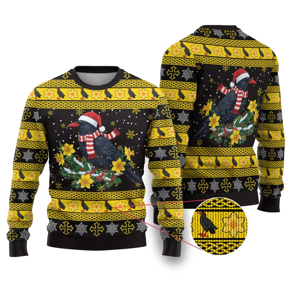 Flintshire Wales Christmas Ugly Christmas Sweater Welsh Red-billed Chough with Daffodil - Wonder Print Shop