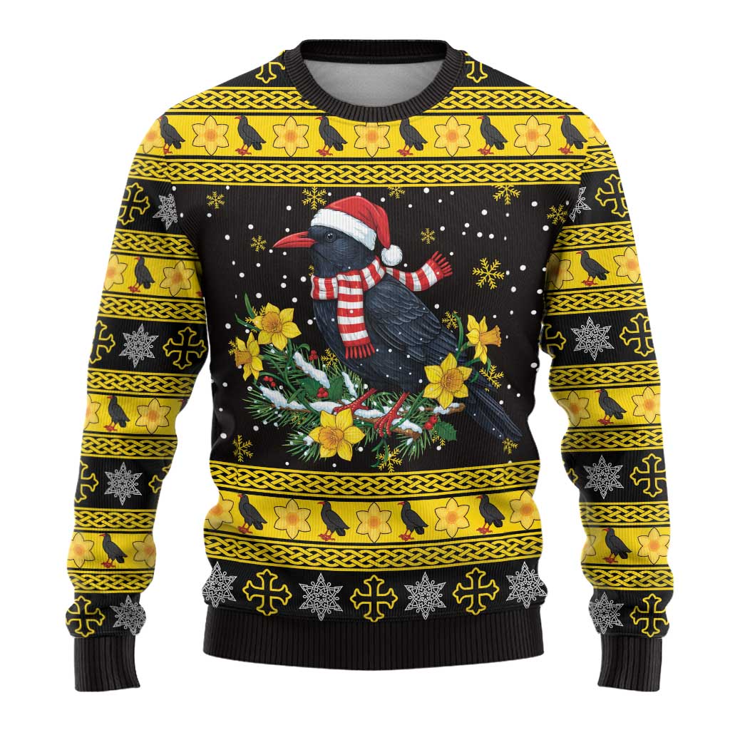 Flintshire Wales Christmas Ugly Christmas Sweater Welsh Red-billed Chough with Daffodil - Wonder Print Shop
