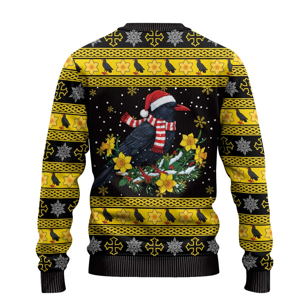 Flintshire Wales Christmas Ugly Christmas Sweater Welsh Red-billed Chough with Daffodil - Wonder Print Shop