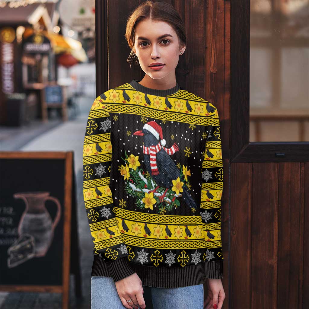 Flintshire Wales Christmas Ugly Christmas Sweater Welsh Red-billed Chough with Daffodil - Wonder Print Shop