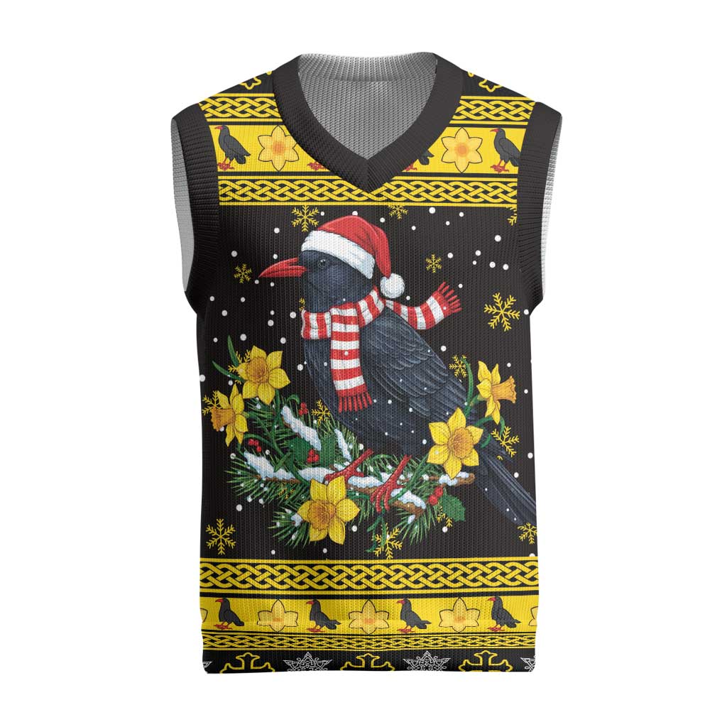 Flintshire Wales Christmas Knitted V-Neck Vest Welsh Red-billed Chough with Daffodil - Wonder Print Shop