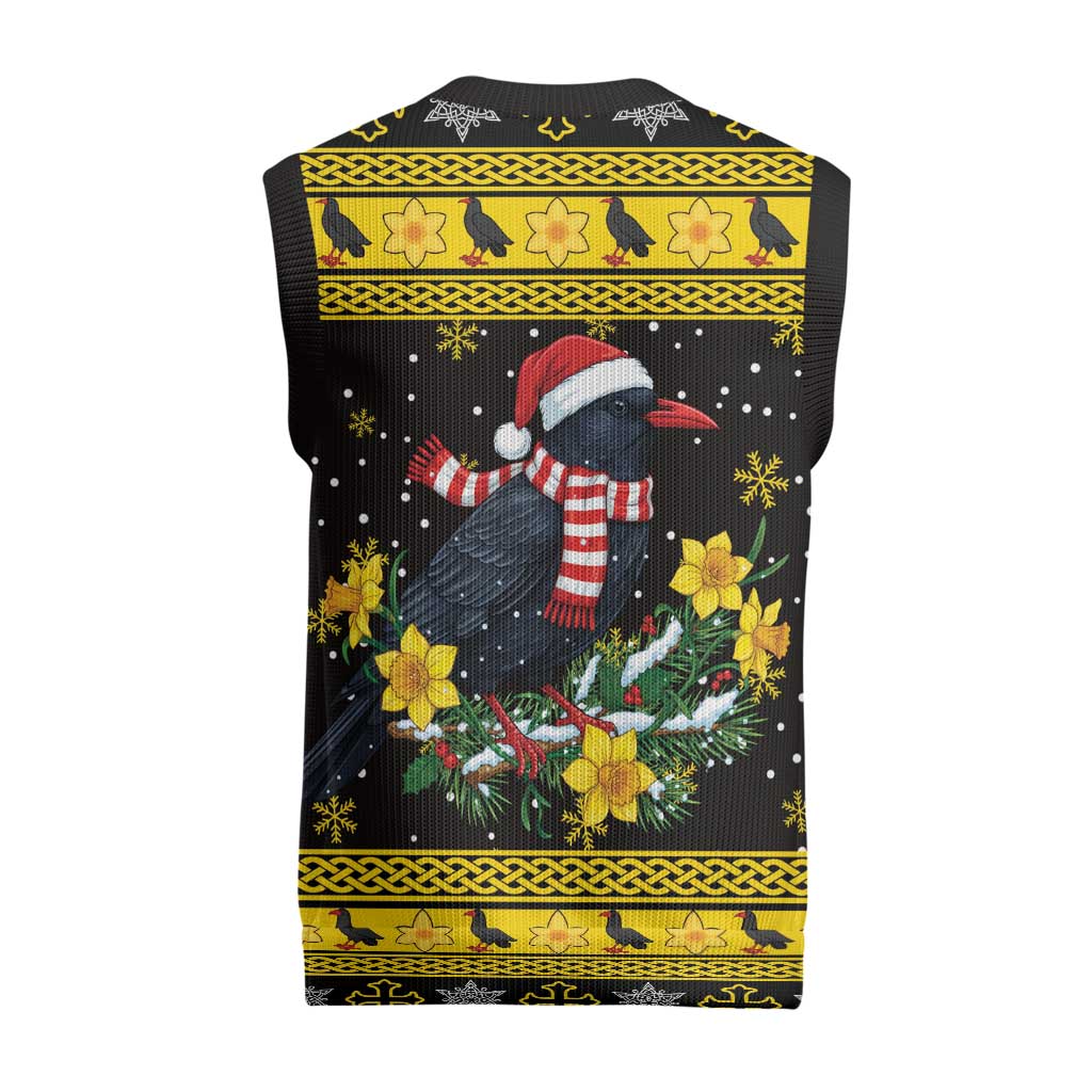 Flintshire Wales Christmas Knitted V-Neck Vest Welsh Red-billed Chough with Daffodil - Wonder Print Shop