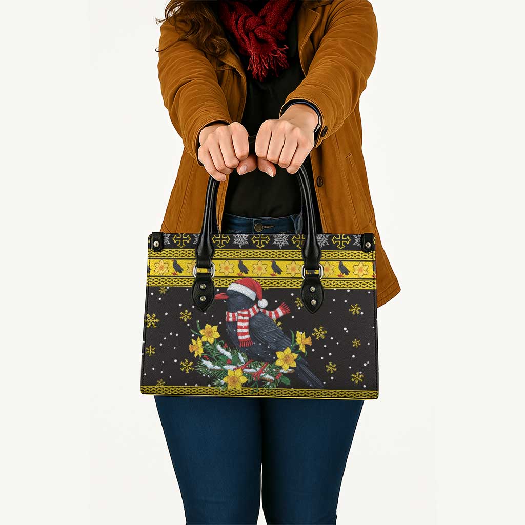 Flintshire Wales Christmas Leather Bag Welsh Red-billed Chough with Daffodil - Wonder Print Shop