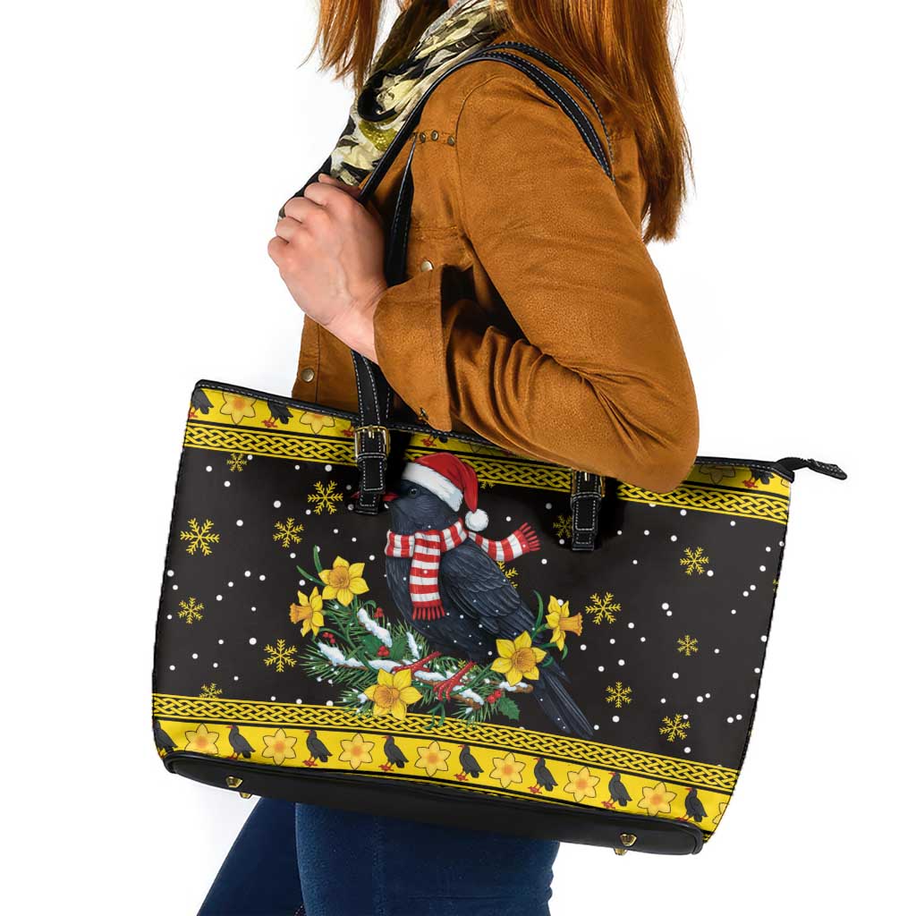 Flintshire Wales Christmas Leather Tote Bag Welsh Red-billed Chough with Daffodil - Wonder Print Shop