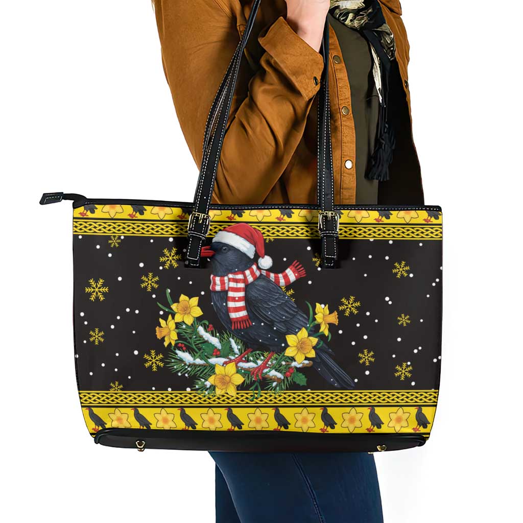 Flintshire Wales Christmas Leather Tote Bag Welsh Red-billed Chough with Daffodil - Wonder Print Shop