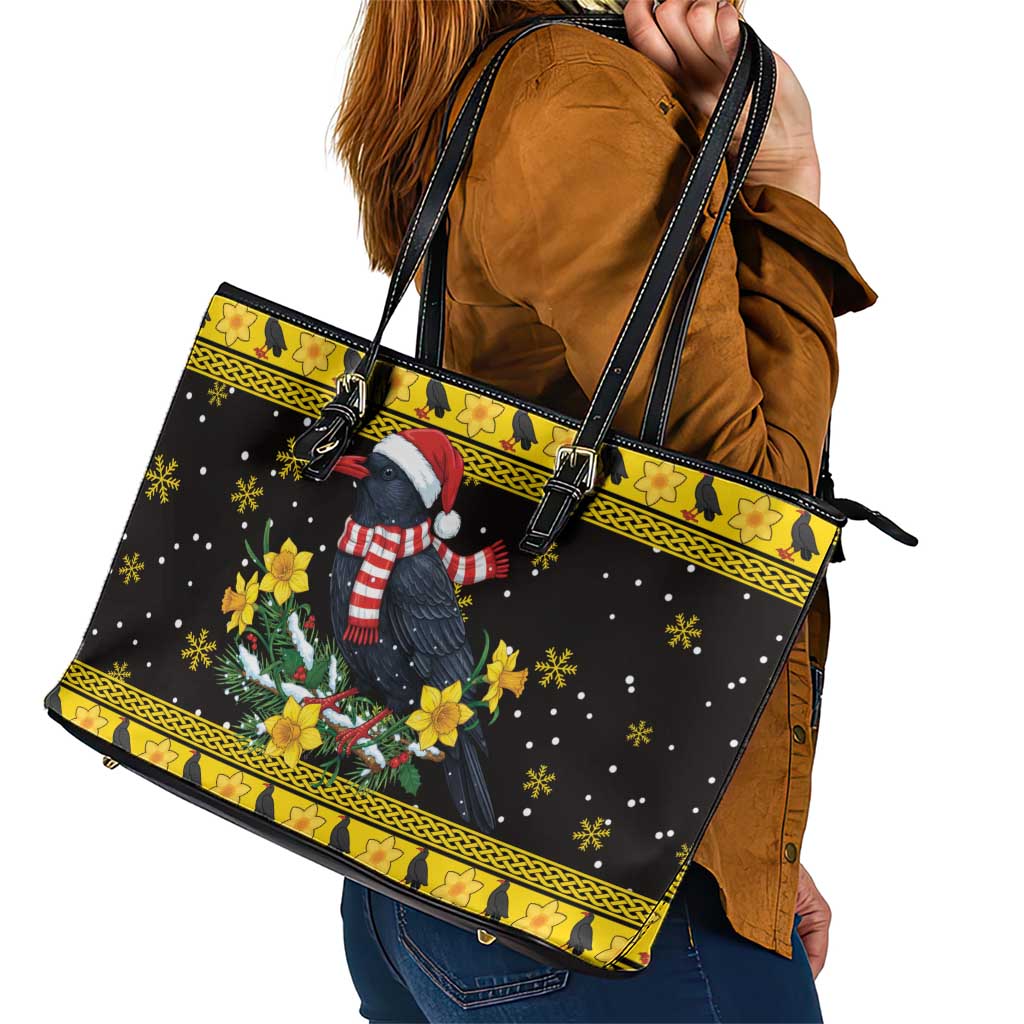 Flintshire Wales Christmas Leather Tote Bag Welsh Red-billed Chough with Daffodil - Wonder Print Shop