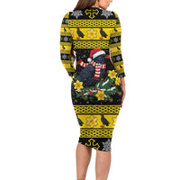 Flintshire Wales Christmas Long Sleeve Bodycon Dress Welsh Red-billed Chough with Daffodil - Wonder Print Shop