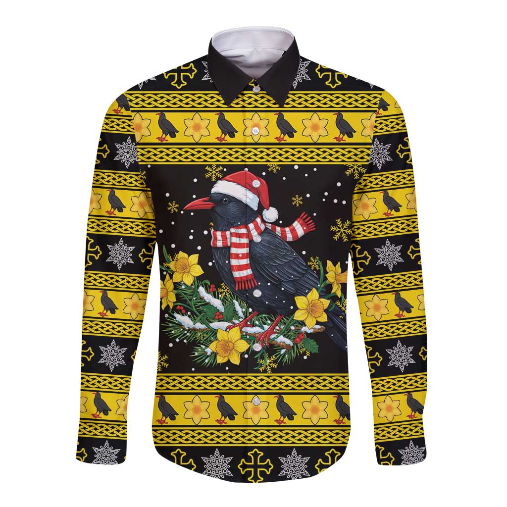 Flintshire Wales Christmas Long Sleeve Button Shirt Welsh Red-billed Chough with Daffodil - Wonder Print Shop