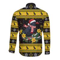 Flintshire Wales Christmas Long Sleeve Button Shirt Welsh Red-billed Chough with Daffodil - Wonder Print Shop