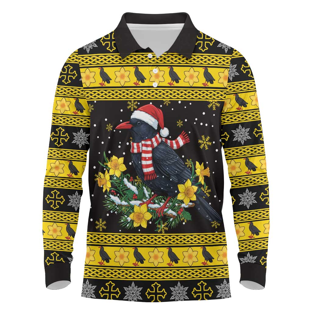 Flintshire Wales Christmas Long Sleeve Polo Shirt Welsh Red-billed Chough with Daffodil - Wonder Print Shop