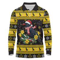 Flintshire Wales Christmas Long Sleeve Polo Shirt Welsh Red-billed Chough with Daffodil - Wonder Print Shop