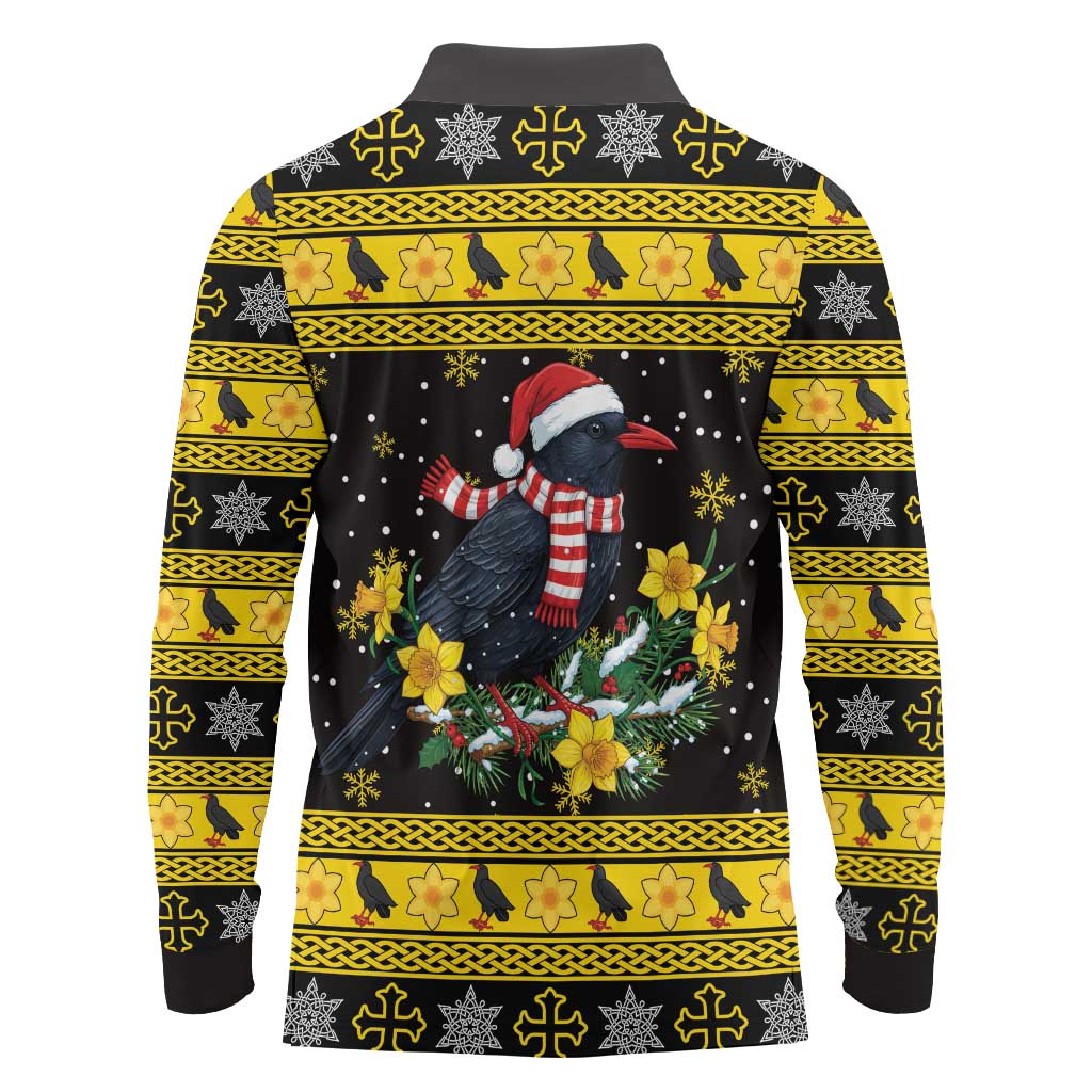 Flintshire Wales Christmas Long Sleeve Polo Shirt Welsh Red-billed Chough with Daffodil - Wonder Print Shop