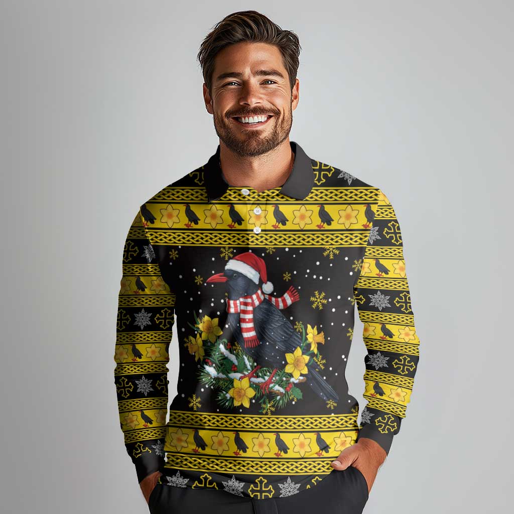 Flintshire Wales Christmas Long Sleeve Polo Shirt Welsh Red-billed Chough with Daffodil - Wonder Print Shop