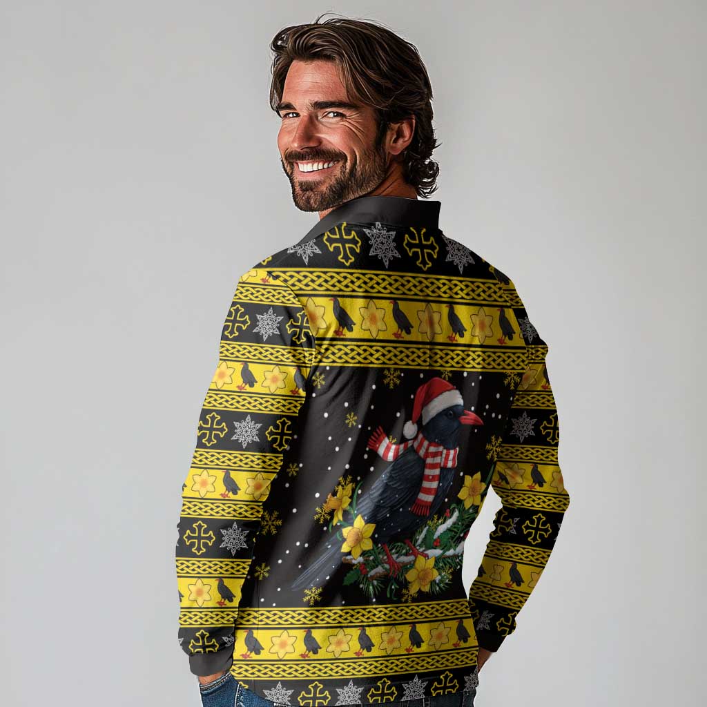 Flintshire Wales Christmas Long Sleeve Polo Shirt Welsh Red-billed Chough with Daffodil - Wonder Print Shop