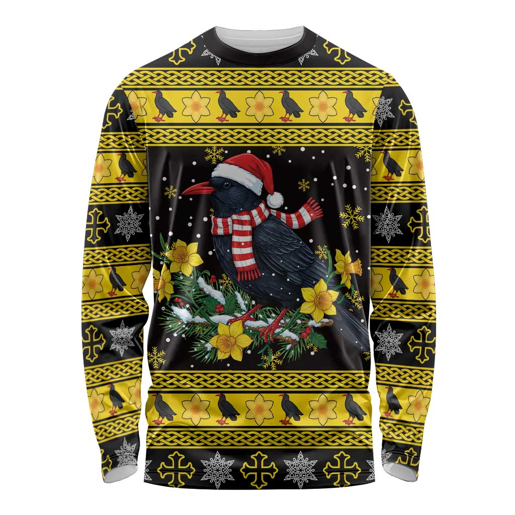 Flintshire Wales Christmas Long Sleeve Shirt Welsh Red-billed Chough with Daffodil - Wonder Print Shop