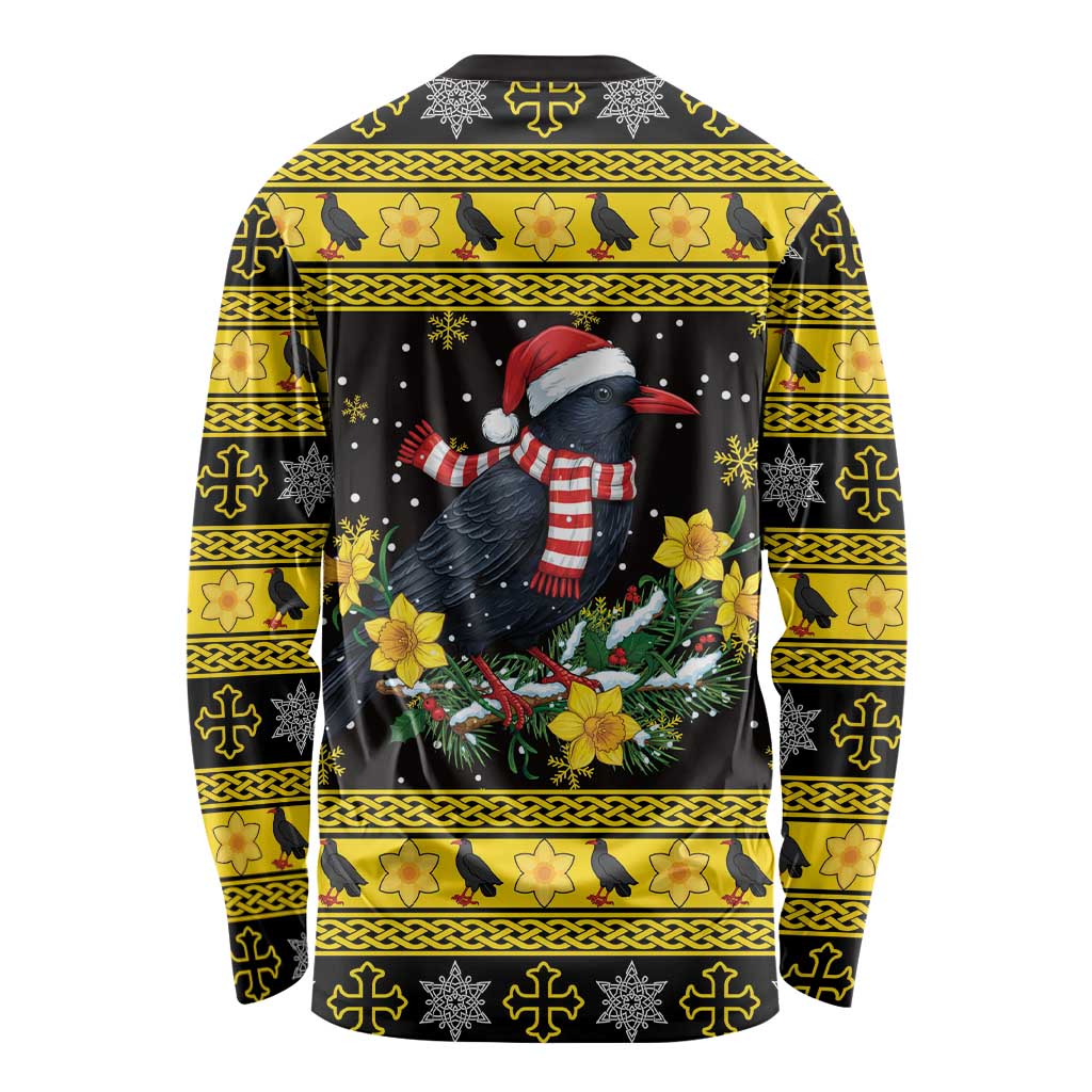 Flintshire Wales Christmas Long Sleeve Shirt Welsh Red-billed Chough with Daffodil - Wonder Print Shop