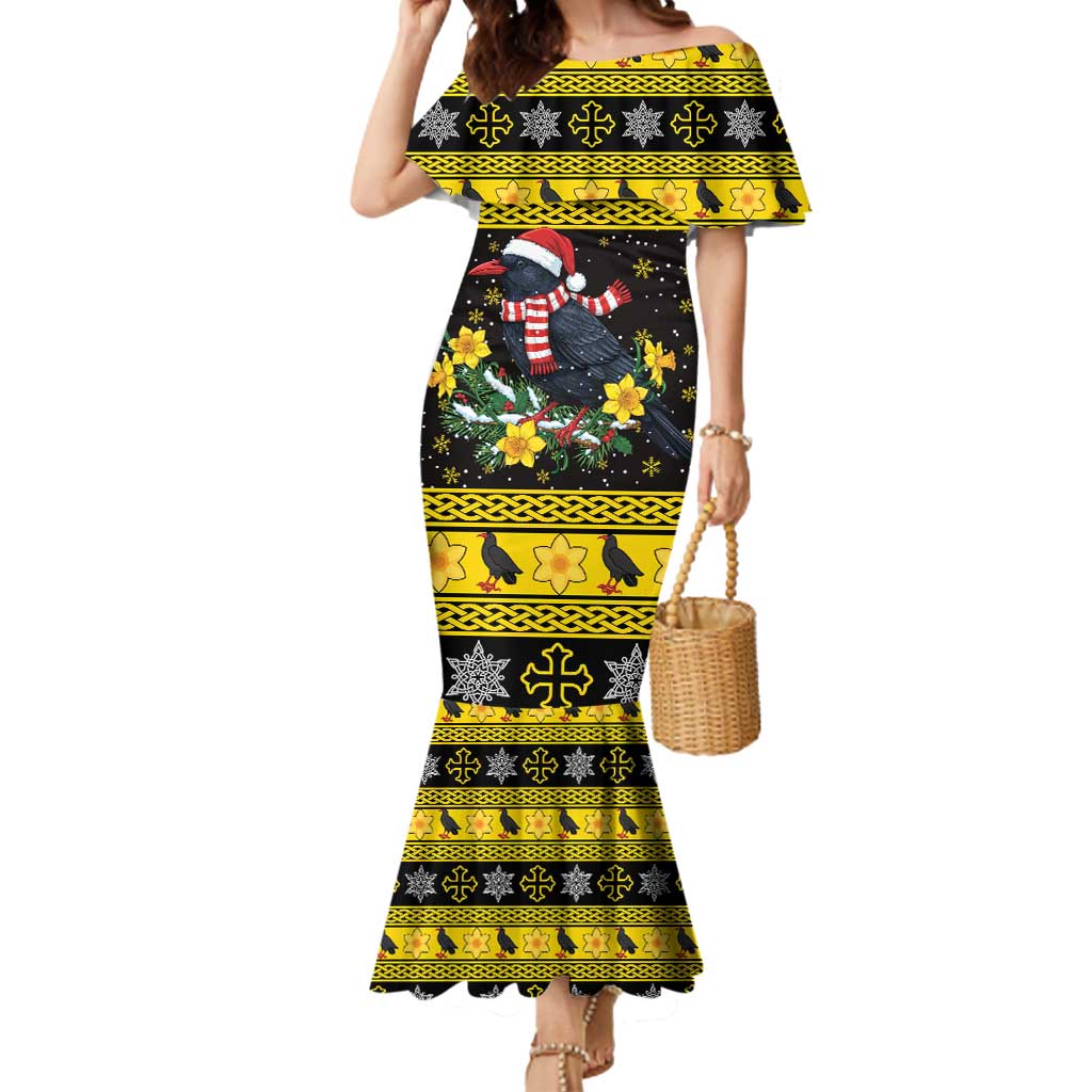 Flintshire Wales Christmas Mermaid Dress Welsh Red-billed Chough with Daffodil - Wonder Print Shop