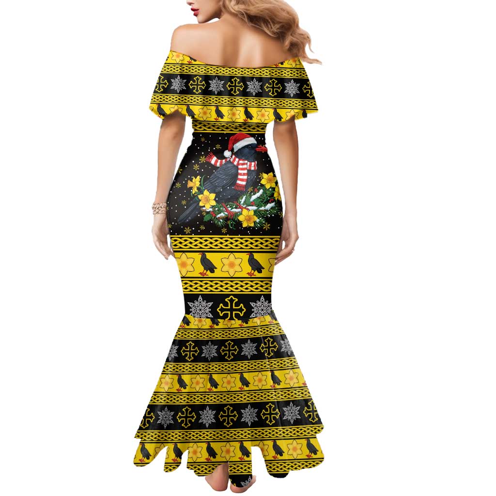 Flintshire Wales Christmas Mermaid Dress Welsh Red-billed Chough with Daffodil - Wonder Print Shop