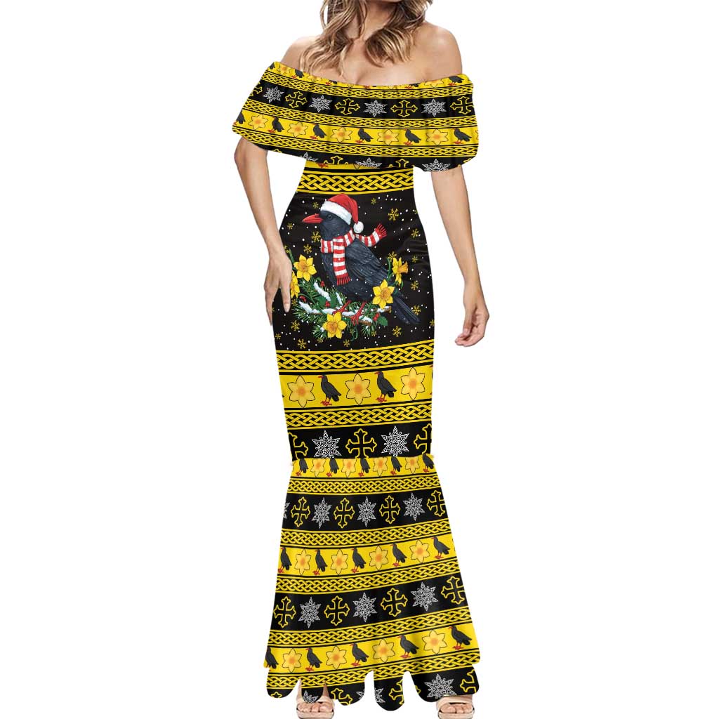 Flintshire Wales Christmas Mermaid Dress Welsh Red-billed Chough with Daffodil - Wonder Print Shop