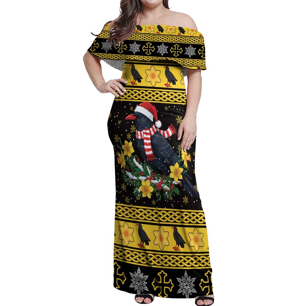 Flintshire Wales Christmas Off Shoulder Maxi Dress Welsh Red-billed Chough with Daffodil - Wonder Print Shop