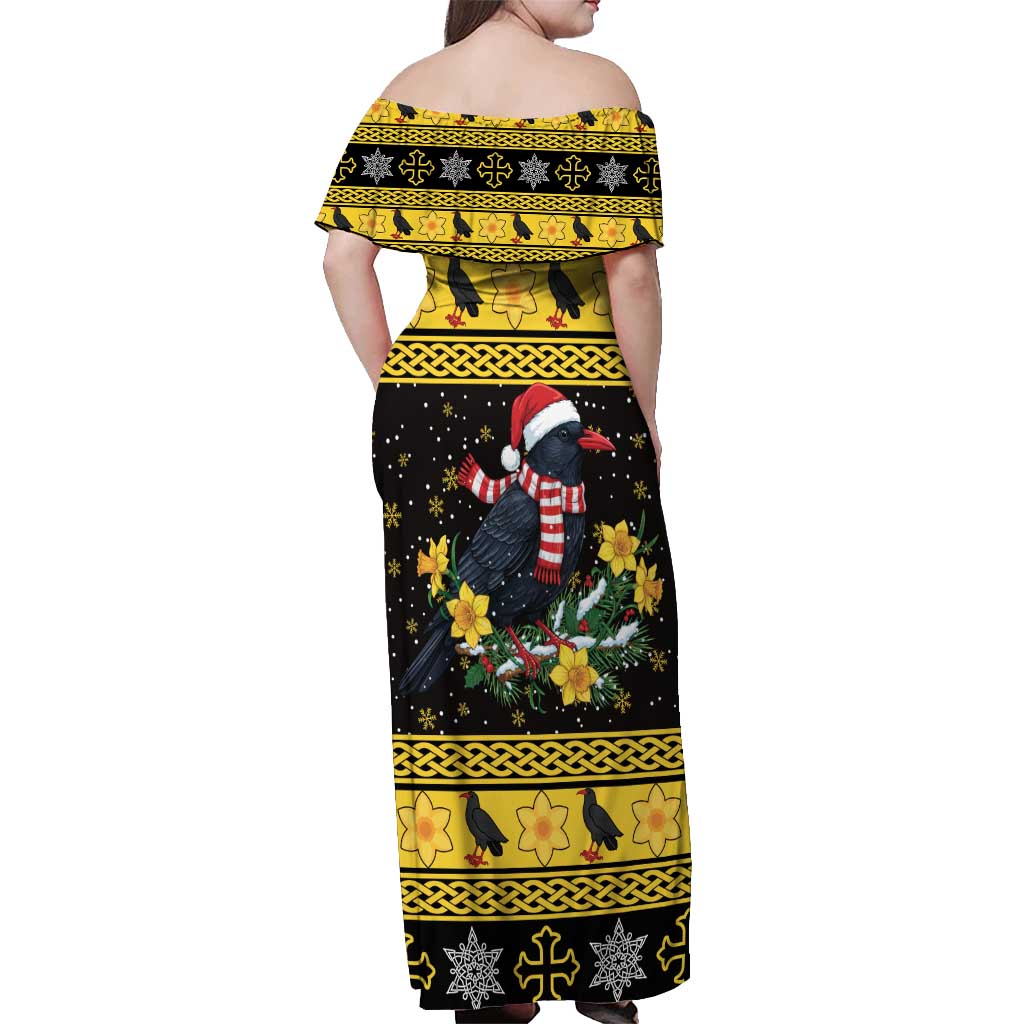 Flintshire Wales Christmas Off Shoulder Maxi Dress Welsh Red-billed Chough with Daffodil - Wonder Print Shop