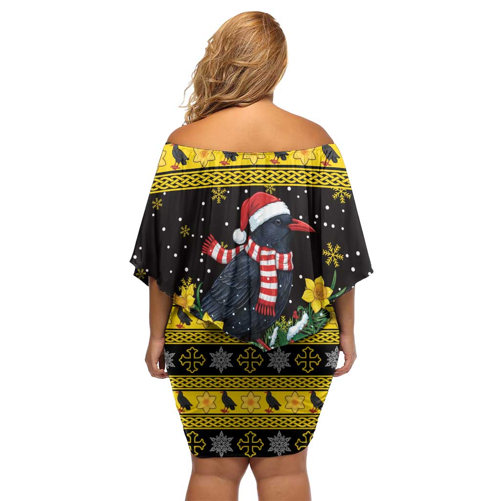Flintshire Wales Christmas Off Shoulder Short Dress Welsh Red-billed Chough with Daffodil - Wonder Print Shop