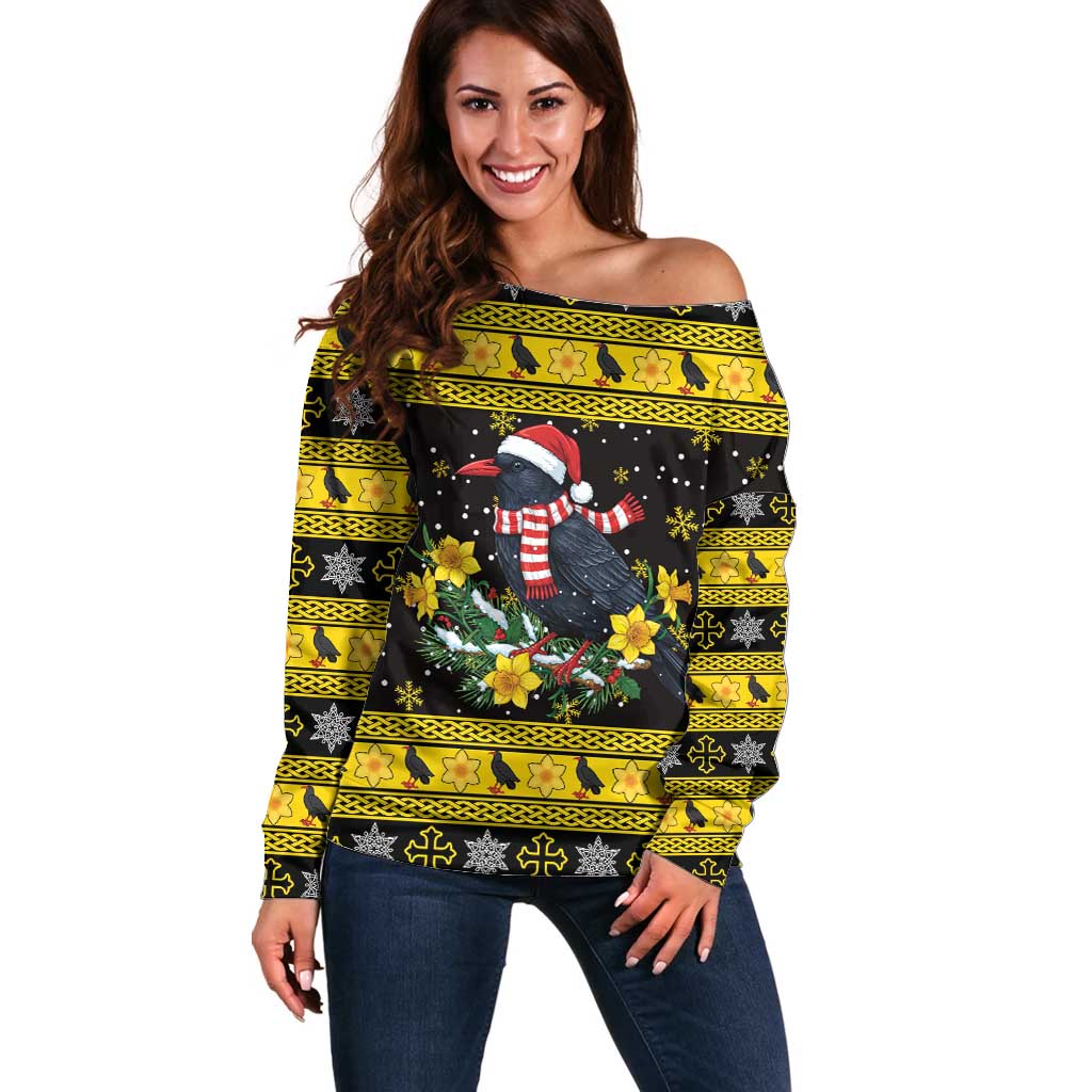 Flintshire Wales Christmas Off Shoulder Sweater Welsh Red-billed Chough with Daffodil - Wonder Print Shop