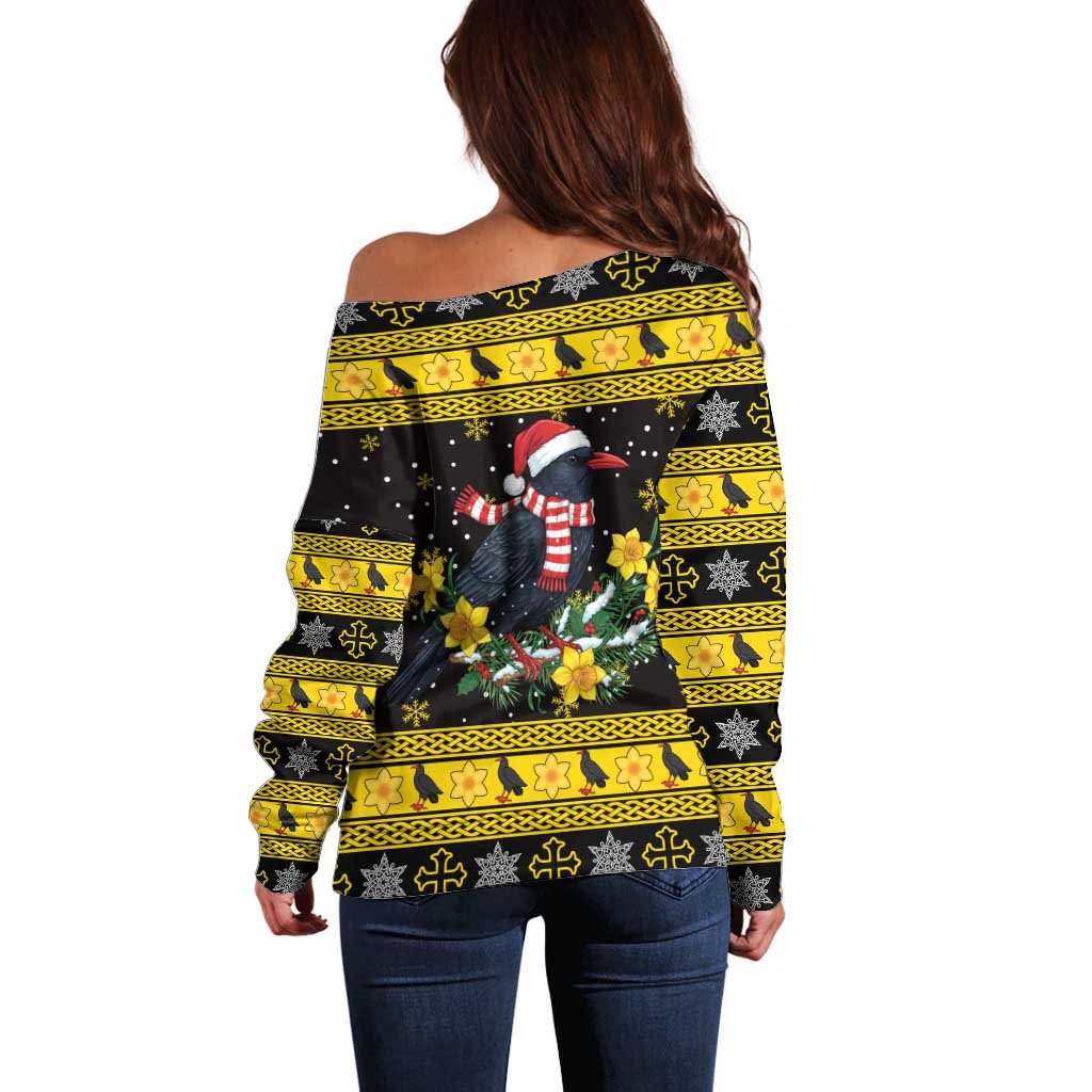 Flintshire Wales Christmas Off Shoulder Sweater Welsh Red-billed Chough with Daffodil - Wonder Print Shop
