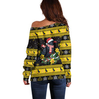 Flintshire Wales Christmas Off Shoulder Sweater Welsh Red-billed Chough with Daffodil - Wonder Print Shop