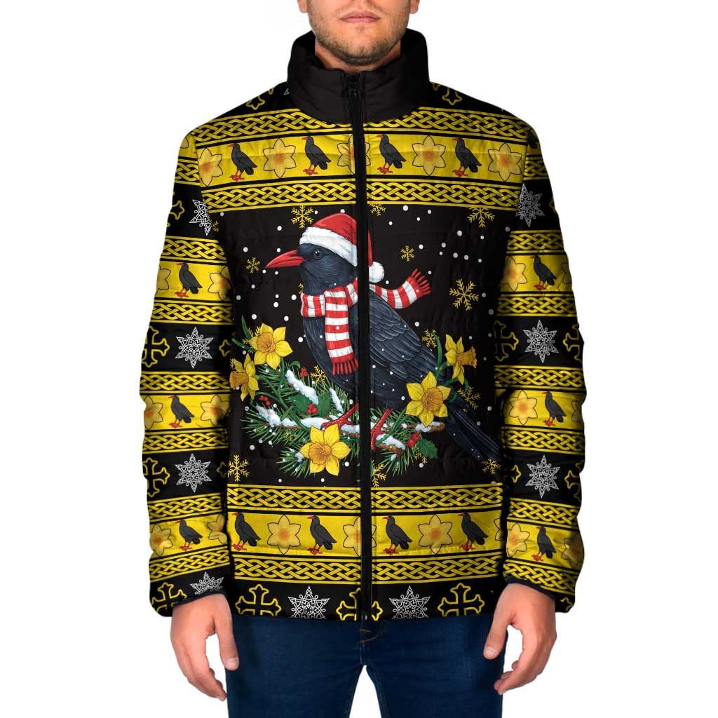 Flintshire Wales Christmas Padded Jacket Welsh Red-billed Chough with Daffodil - Wonder Print Shop