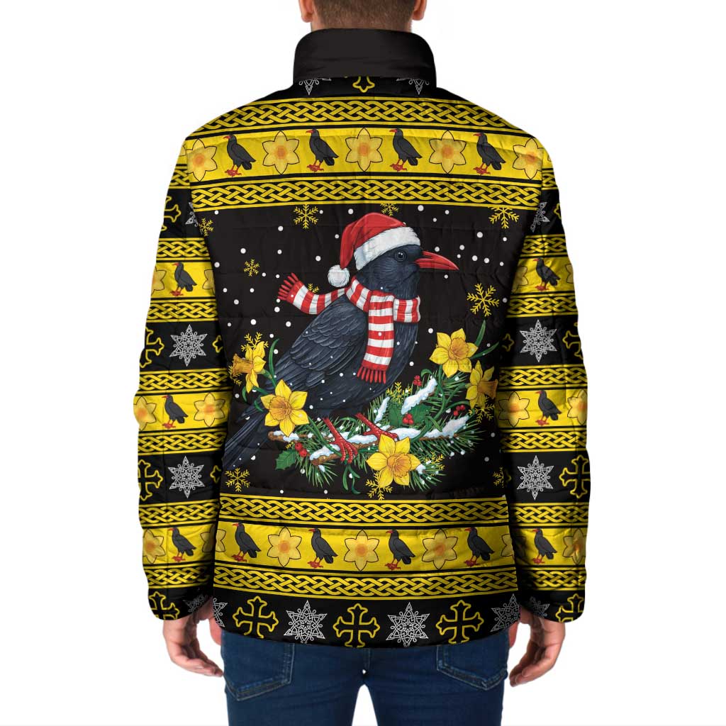 Flintshire Wales Christmas Padded Jacket Welsh Red-billed Chough with Daffodil - Wonder Print Shop